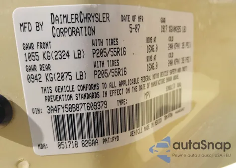 2007 Chrysler Pt Cruiser Touring z USA, uszkodzony, nr VIN 3A4FY58B87T609379